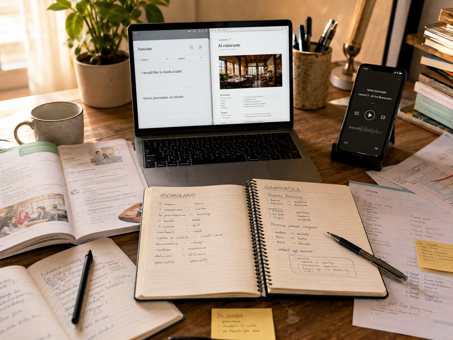 A desk covered with two open notebooks, one for vocabulary and one for grammar, an open textbook, a laptop showing a translation tool beside a lesson PDF, and a phone playing the lesson audio
